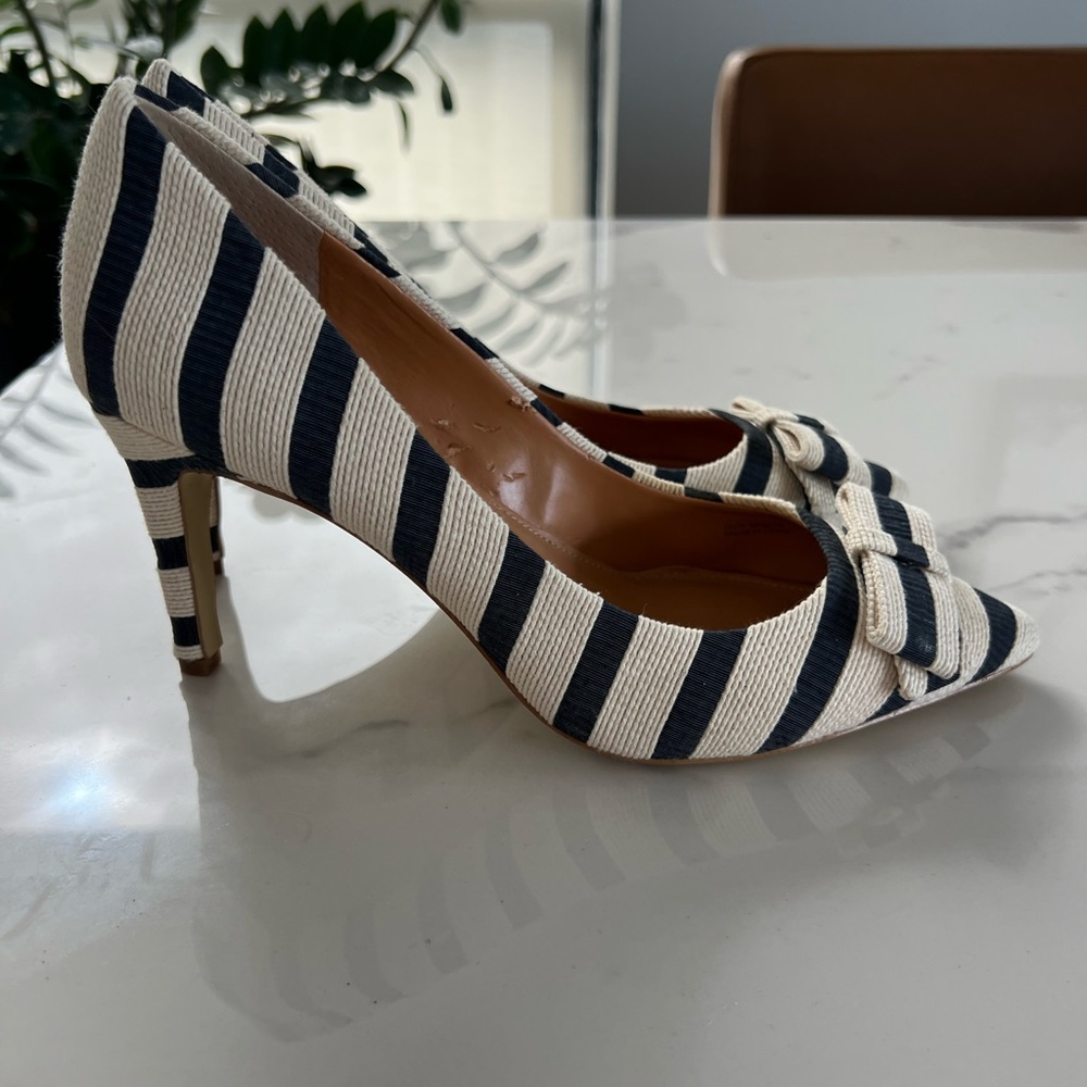 NWOT Vintage J. Crew Linen Stripe Heels with Bow, Size 8.5
